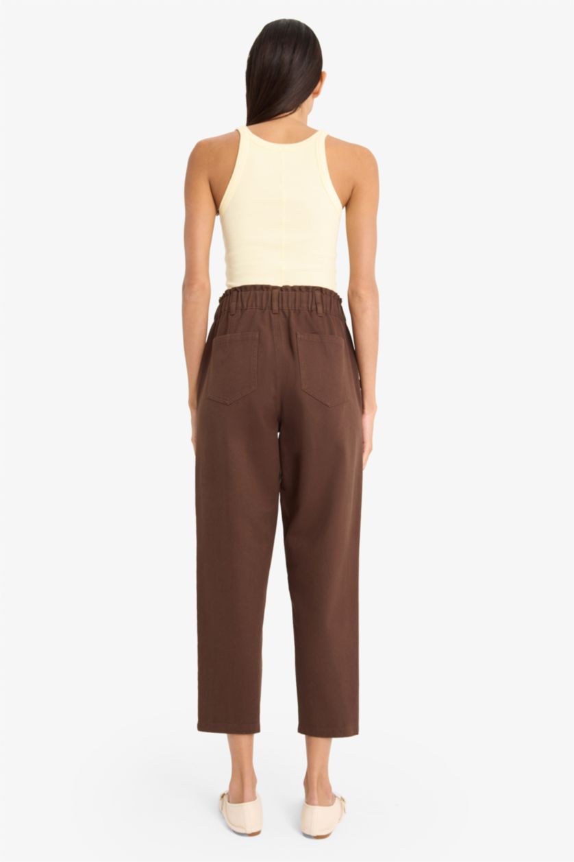 FEMME Marron Pantalon paperbag taille haute droit en gabardine à poches cargo
