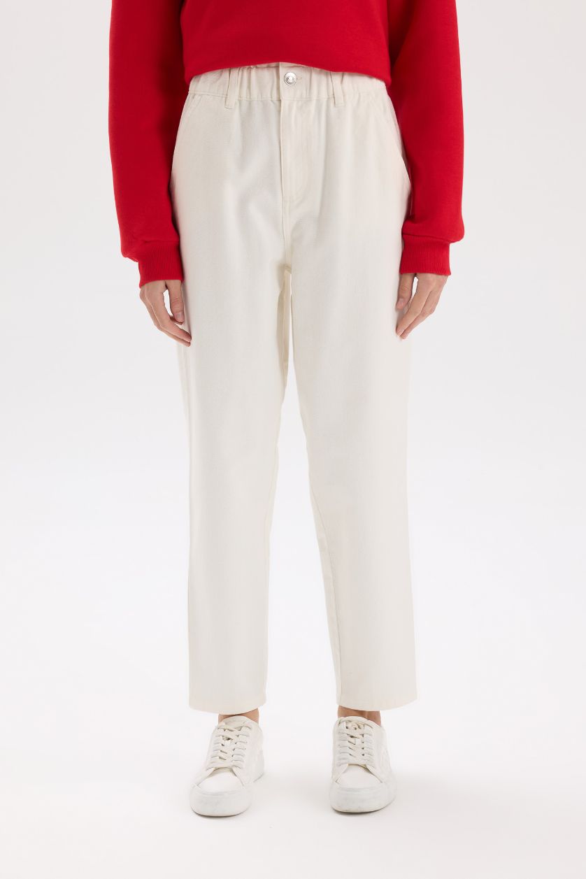 FEMME Écru Pantalon en gabardine taille haute à coupe droite avec poches