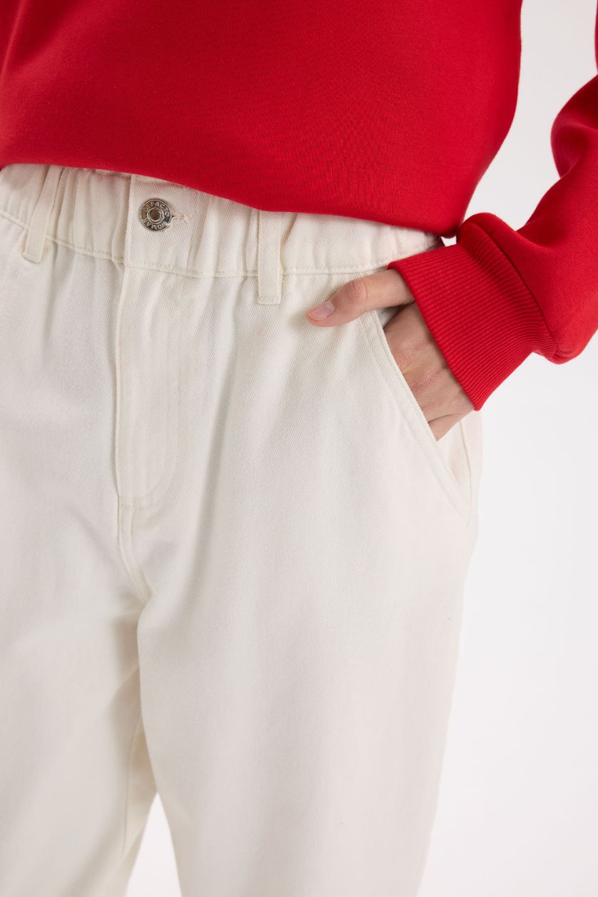 FEMME Écru Pantalon en gabardine taille haute à coupe droite avec poches