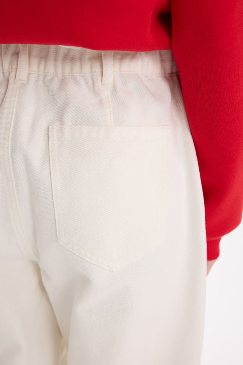 FEMME Écru Pantalon en gabardine taille haute à coupe droite avec poches