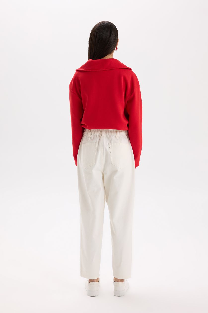 FEMME Écru Pantalon en gabardine taille haute à coupe droite avec poches