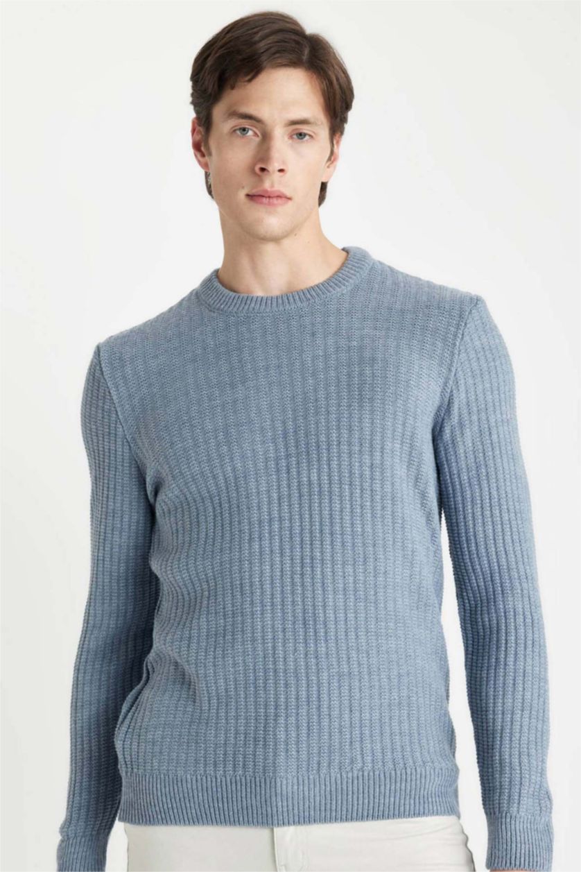 Ерлер Көк стандарт пішім дөңгелек жаға трикотаж Пулловер