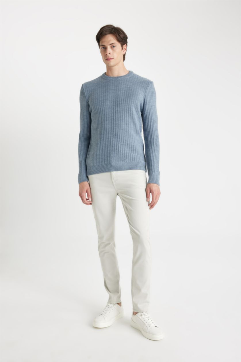 Ерлер Көк стандарт пішім дөңгелек жаға трикотаж Пулловер