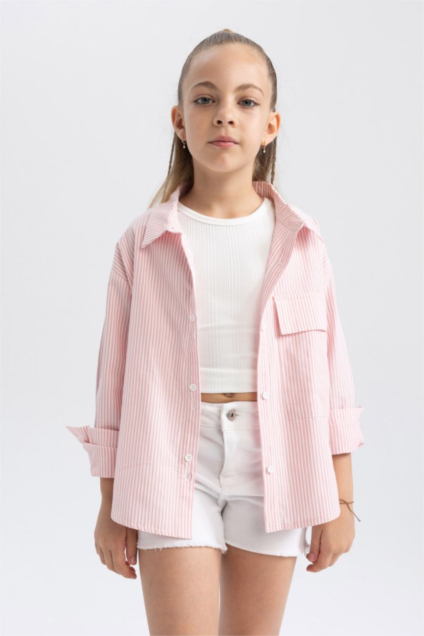 بنات زهري قميص كم طويل بوبلين قصة واسعة