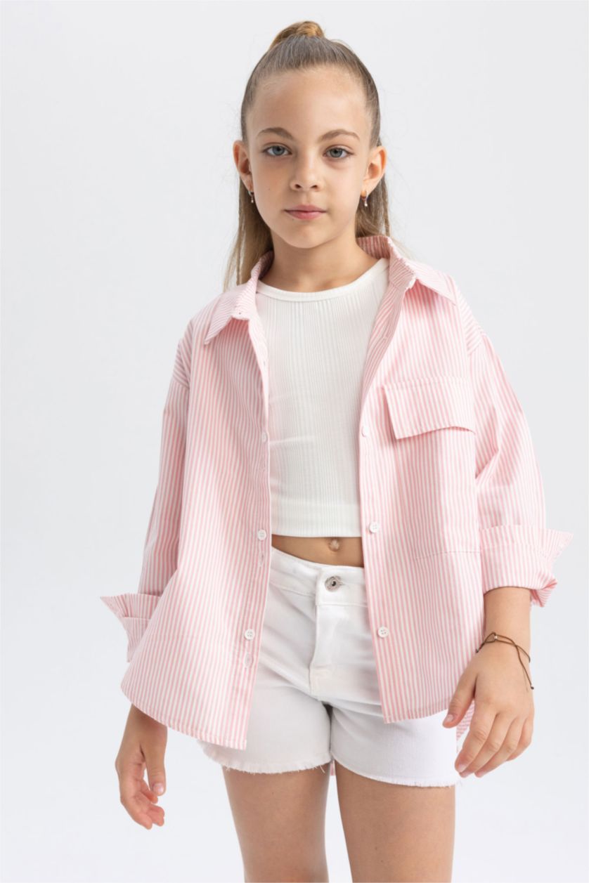 بنات زهري قميص كم طويل بوبلين قصة واسعة