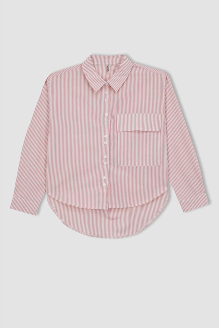 بنات زهري قميص كم طويل بوبلين قصة واسعة