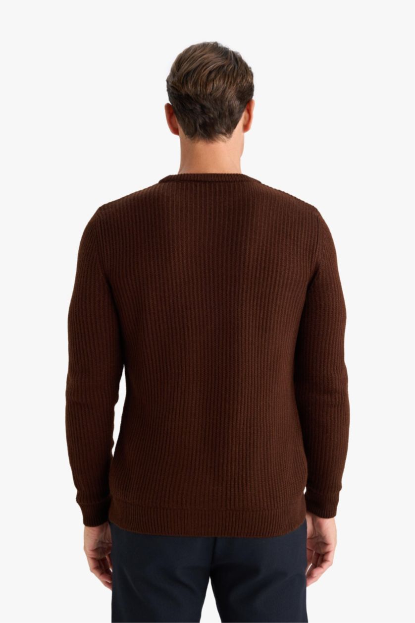 Erkek Kahve Regular Fıt Bisiklet Yaka Triko Kazak