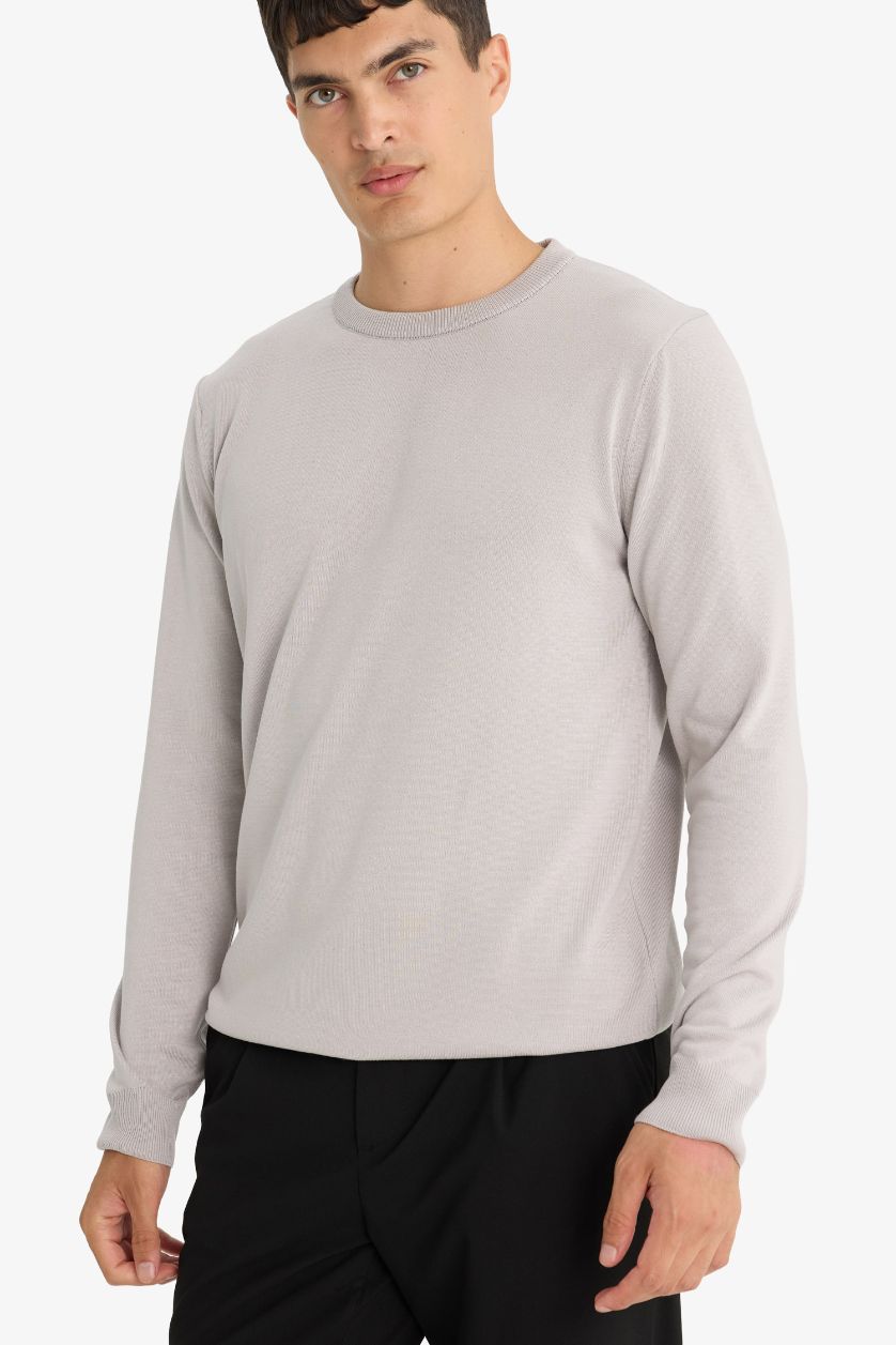 Man Grey Regular Fit Crew Neck Basic Premium Knit Pullover
