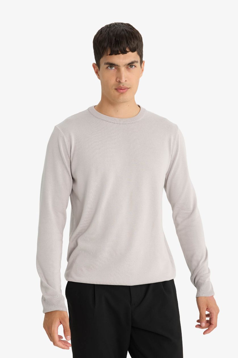 Man Grey Regular Fit Crew Neck Basic Premium Knit Pullover