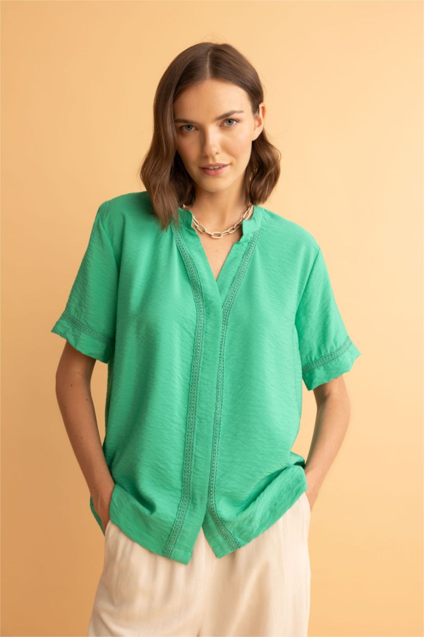 WOMAN Green Regular Fit V Neck Short Sleeve Blouse