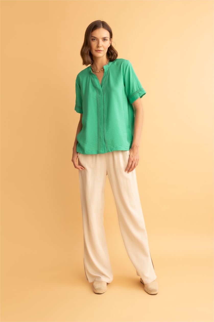 WOMAN Green Regular Fit V Neck Short Sleeve Blouse