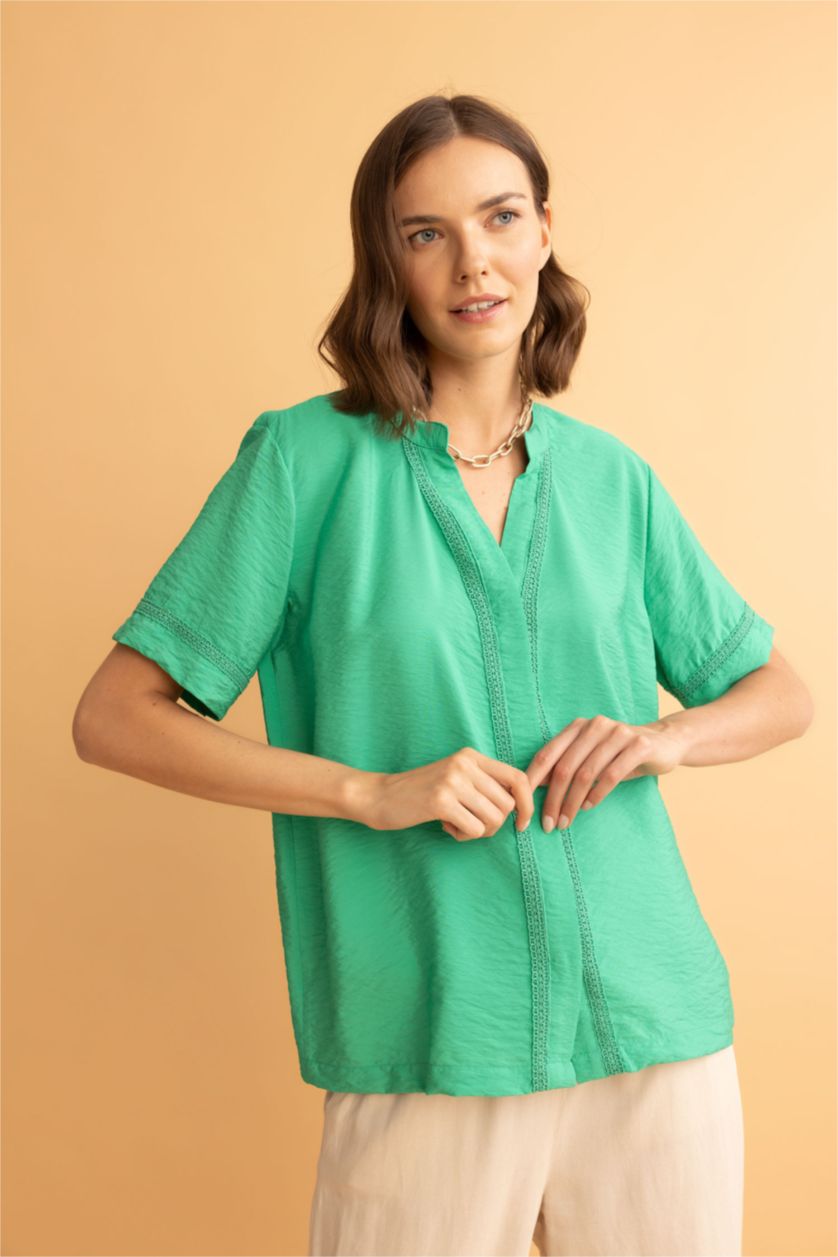 WOMAN Green Regular Fit V Neck Short Sleeve Blouse