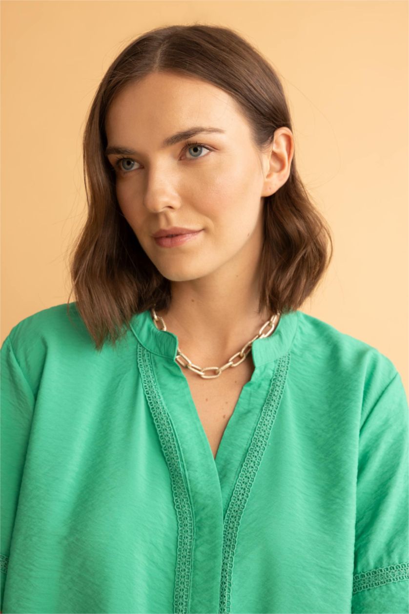 WOMAN Green Regular Fit V Neck Short Sleeve Blouse