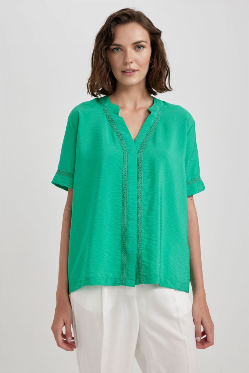 WOMAN Green Regular Fit V Neck Short Sleeve Blouse