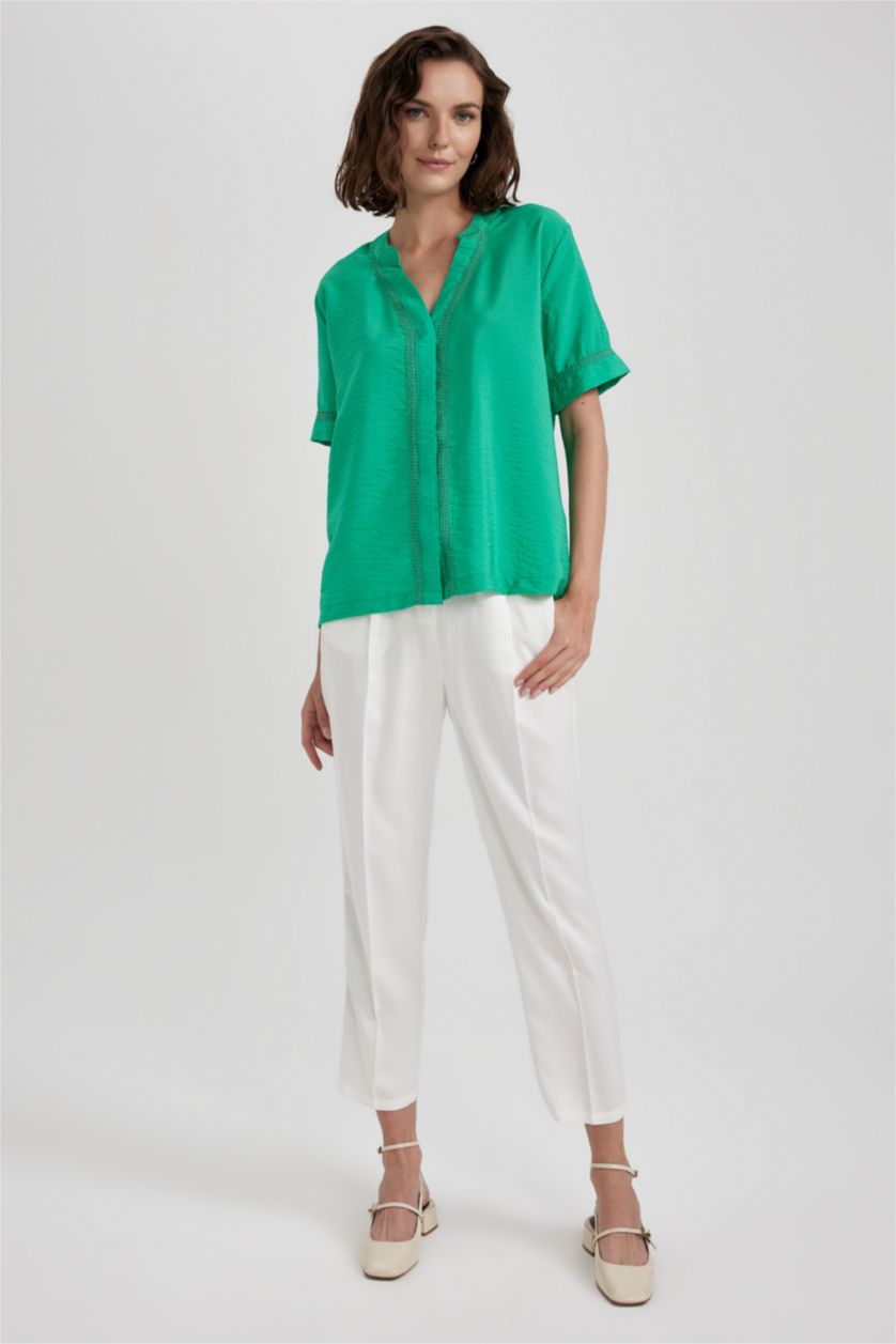 WOMAN Green Regular Fit V Neck Short Sleeve Blouse