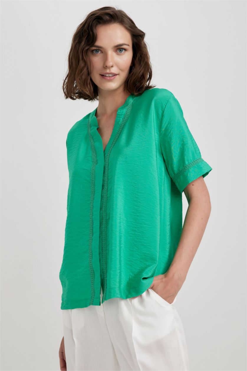 WOMAN Green Regular Fit V Neck Short Sleeve Blouse