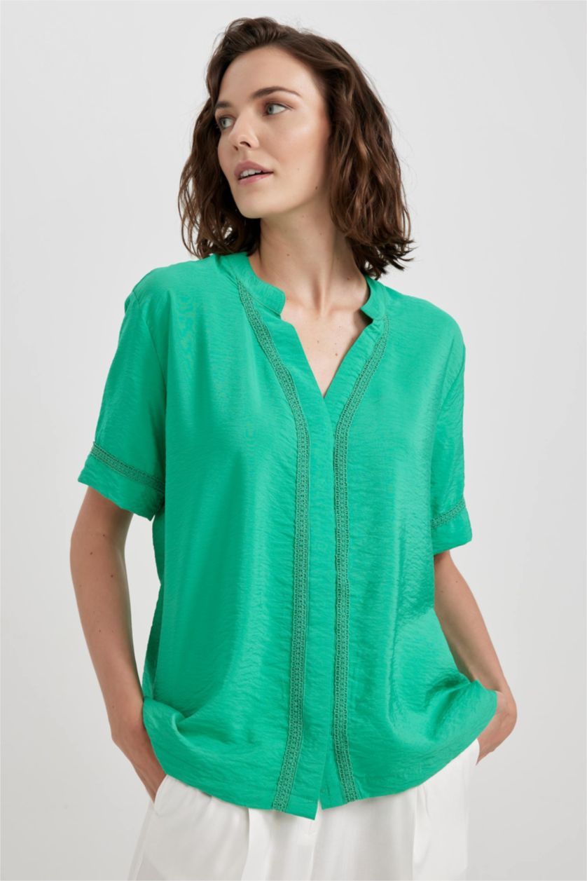 WOMAN Green Regular Fit V Neck Short Sleeve Blouse