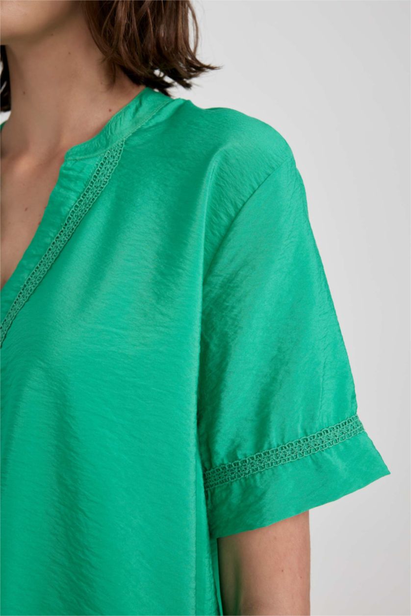 WOMAN Green Regular Fit V Neck Short Sleeve Blouse