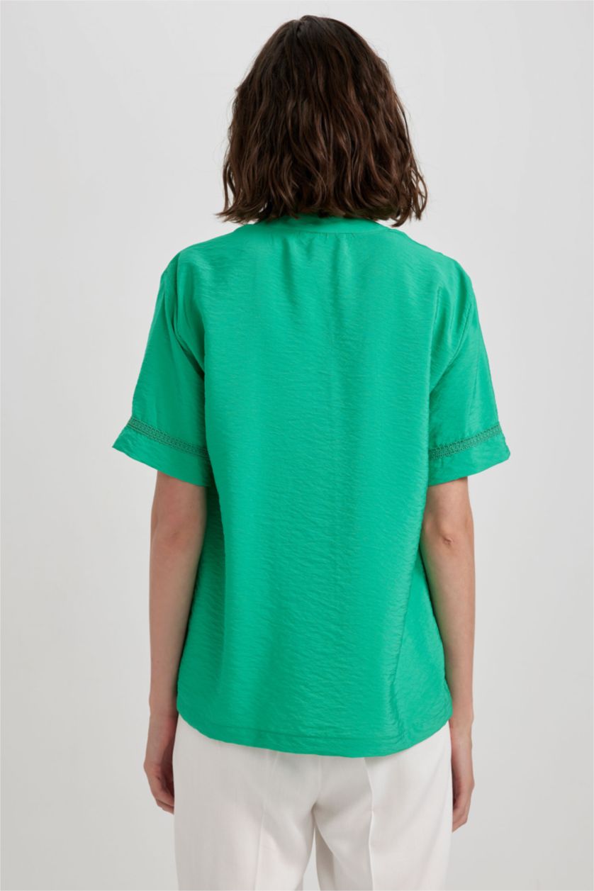 WOMAN Green Regular Fit V Neck Short Sleeve Blouse