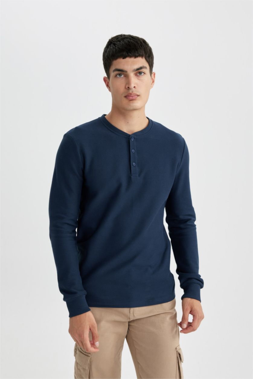 MAN NAVY Slim Fit Buttoned Long Sleeve T-Shirt