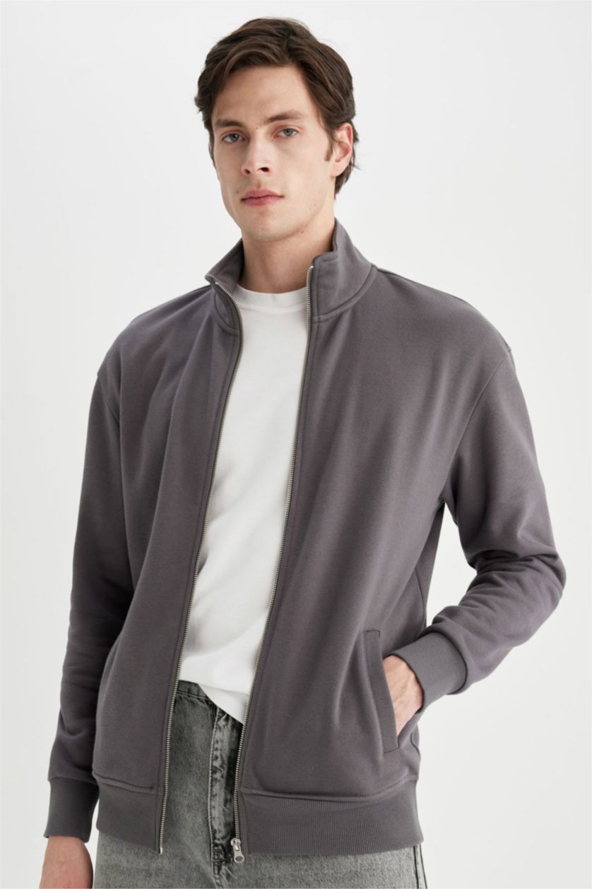 MAN Anthracite Comfort Fit Stand Collar Zippered Sweatshirt