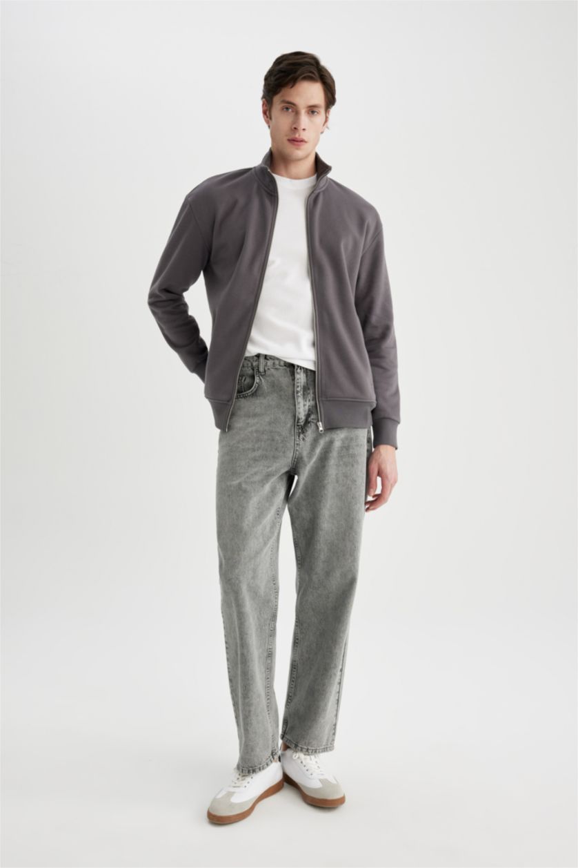 MAN Anthracite Comfort Fit Stand Collar Zippered Sweatshirt