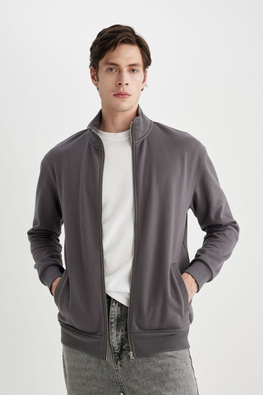 MAN Anthracite Comfort Fit Stand Collar Zippered Sweatshirt