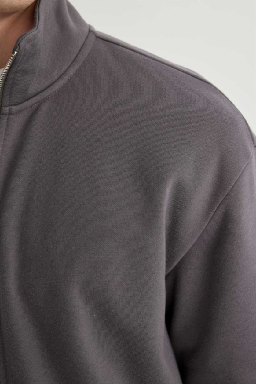 MAN Anthracite Comfort Fit Stand Collar Zippered Sweatshirt