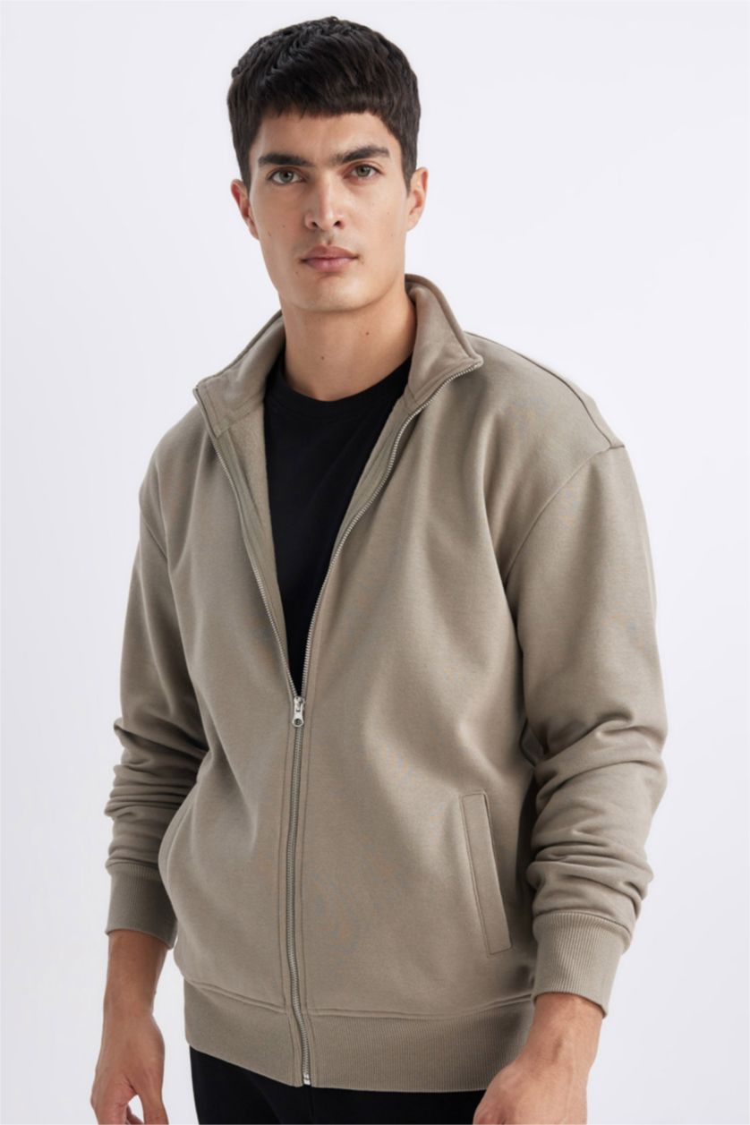 MAN Khaki Comfort Fit Thick Sweatshirt Fabric Cardigan