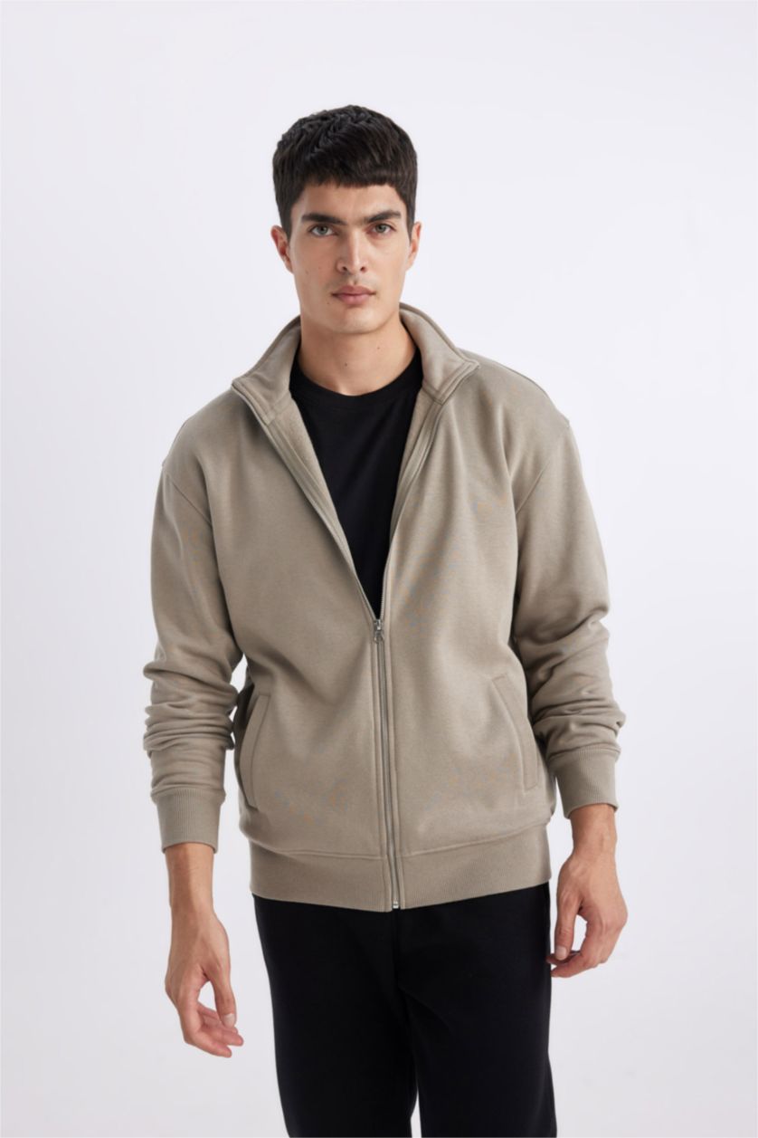 MAN Khaki Comfort Fit Thick Sweatshirt Fabric Cardigan