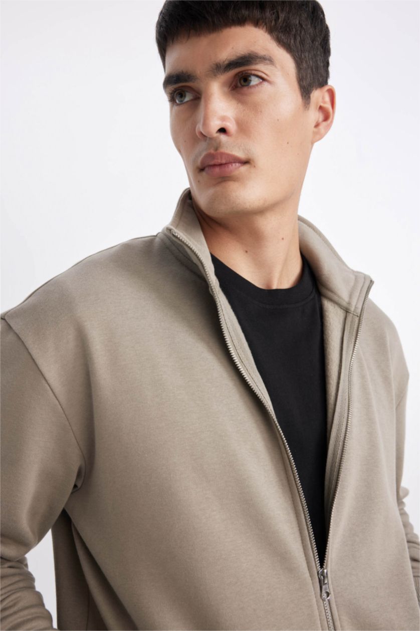 MAN Khaki Comfort Fit Thick Sweatshirt Fabric Cardigan