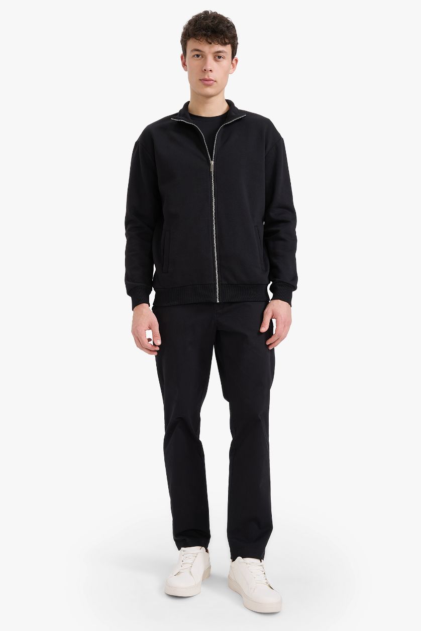 Man Black Comfort Fit Soft Furry Thick Sweatshirt Fabric Cardigan