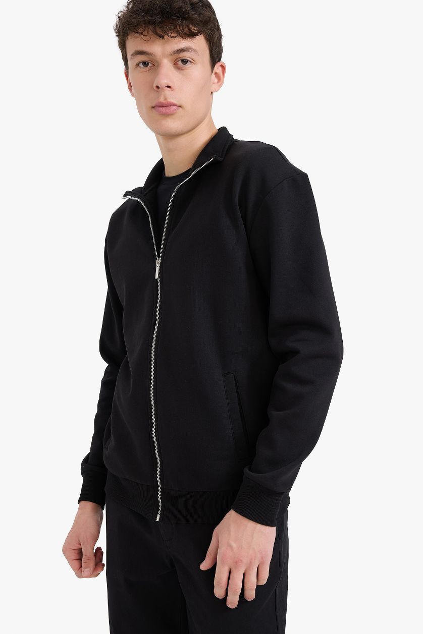 Man Black Comfort Fit Soft Furry Thick Sweatshirt Fabric Cardigan