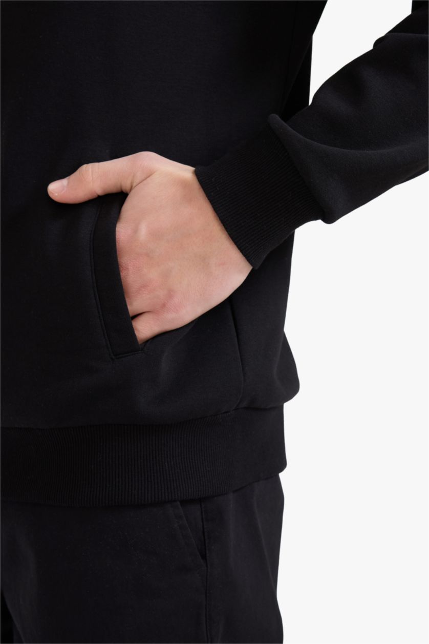 Man Black Comfort Fit Soft Furry Thick Sweatshirt Fabric Cardigan