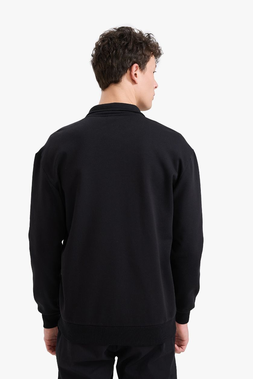 Man Black Comfort Fit Soft Furry Thick Sweatshirt Fabric Cardigan