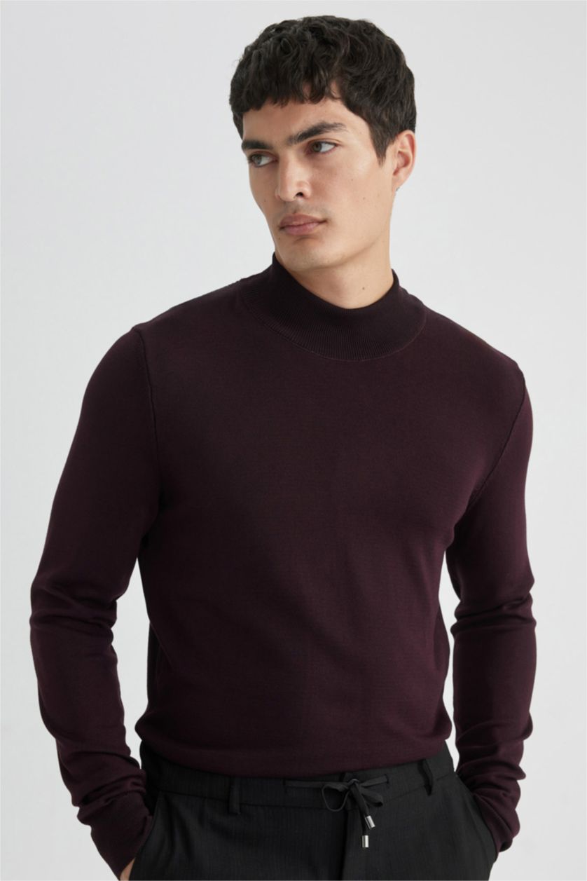 HOMME Bordeaux Pull Tricot Coupe Régulière Demi-Col roulé