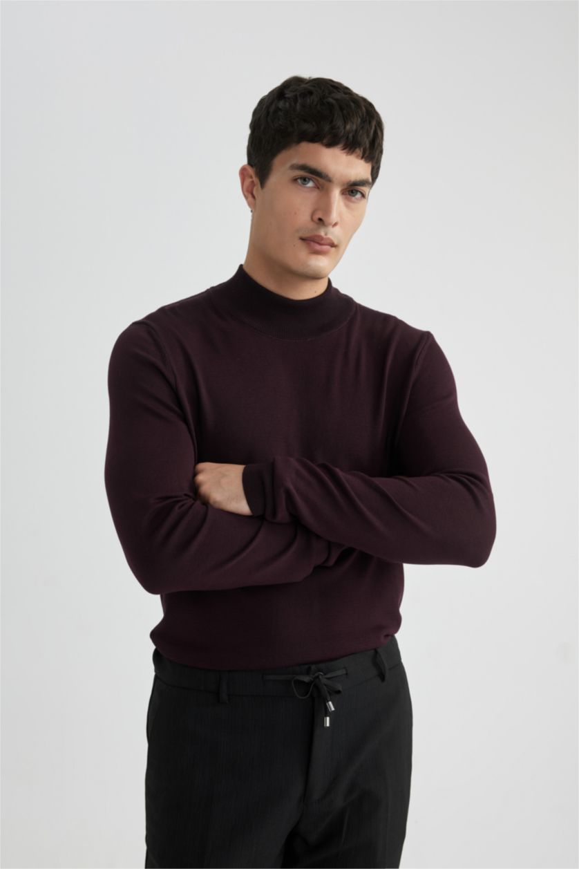 HOMME Bordeaux Pull Tricot Coupe Régulière Demi-Col roulé