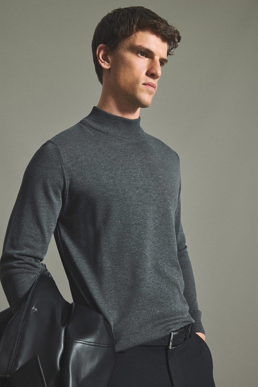 Man Anthracite Melange Regular Fit Basic Turtleneck Knit Pullover