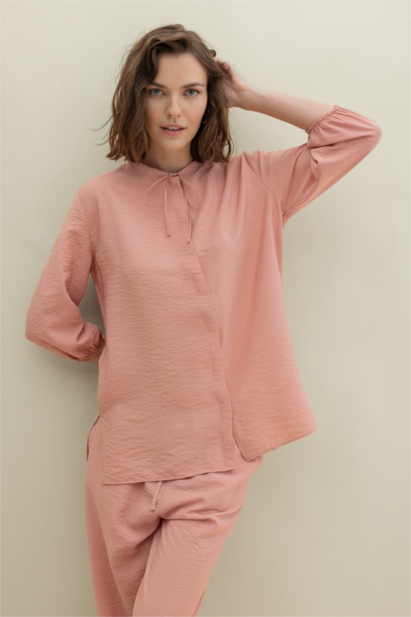 نساء وردي قميص واسع كم طويل برقبة مدورة