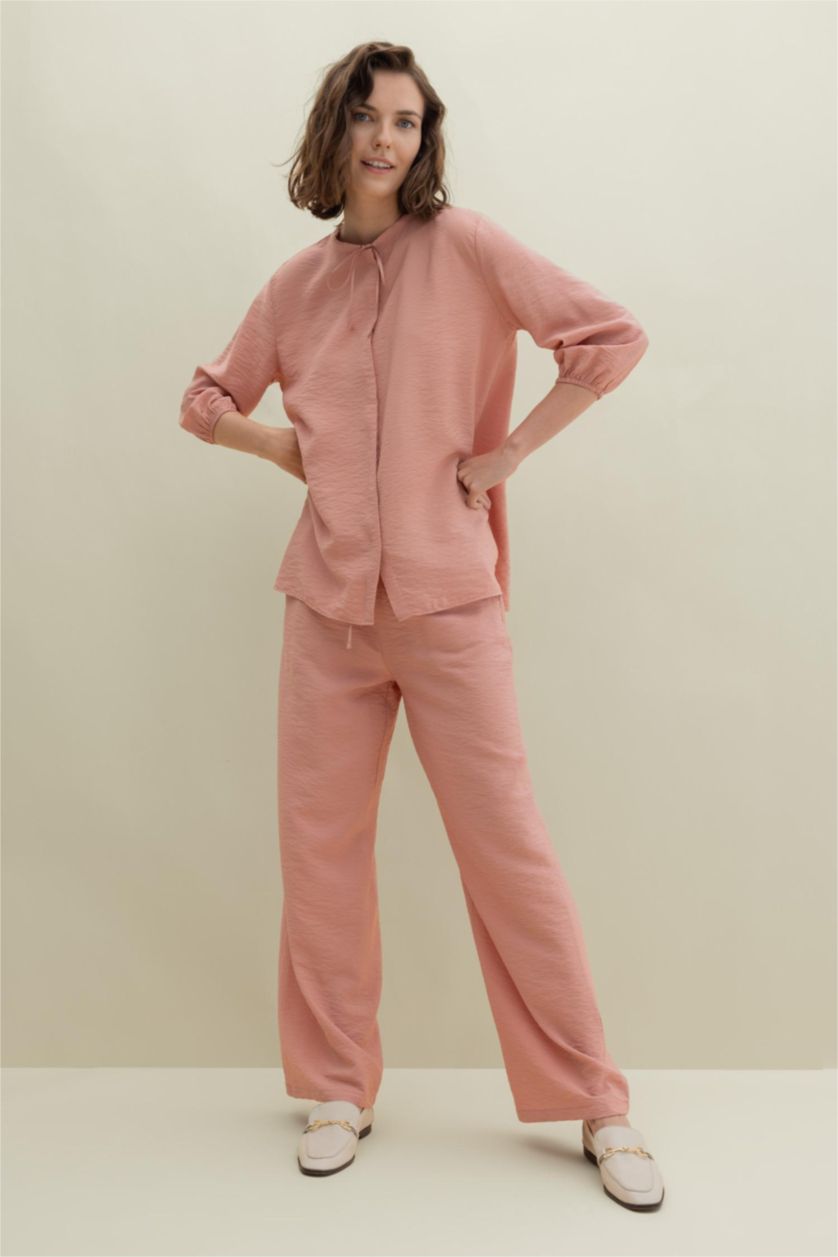 نساء وردي قميص واسع كم طويل برقبة مدورة