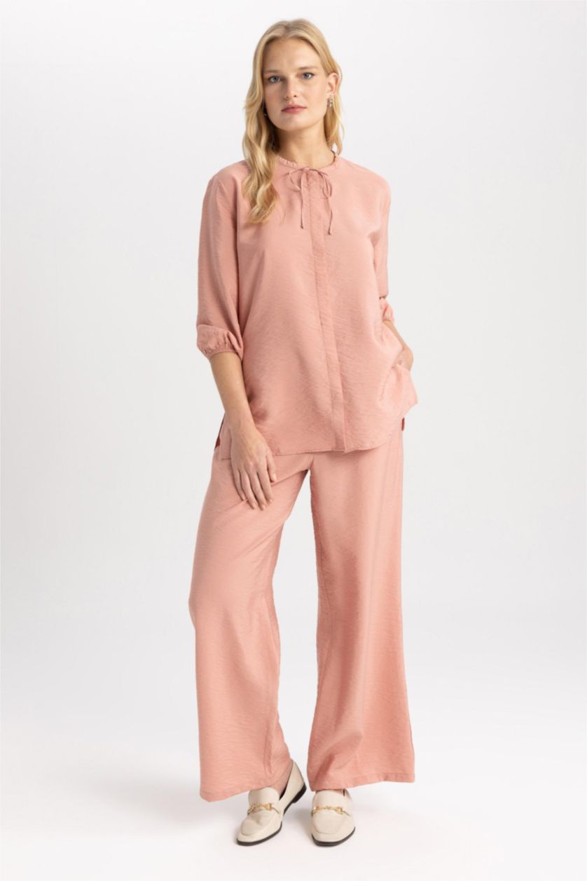 نساء وردي قميص واسع كم طويل برقبة مدورة