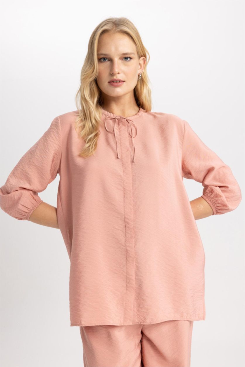 نساء وردي قميص واسع كم طويل برقبة مدورة