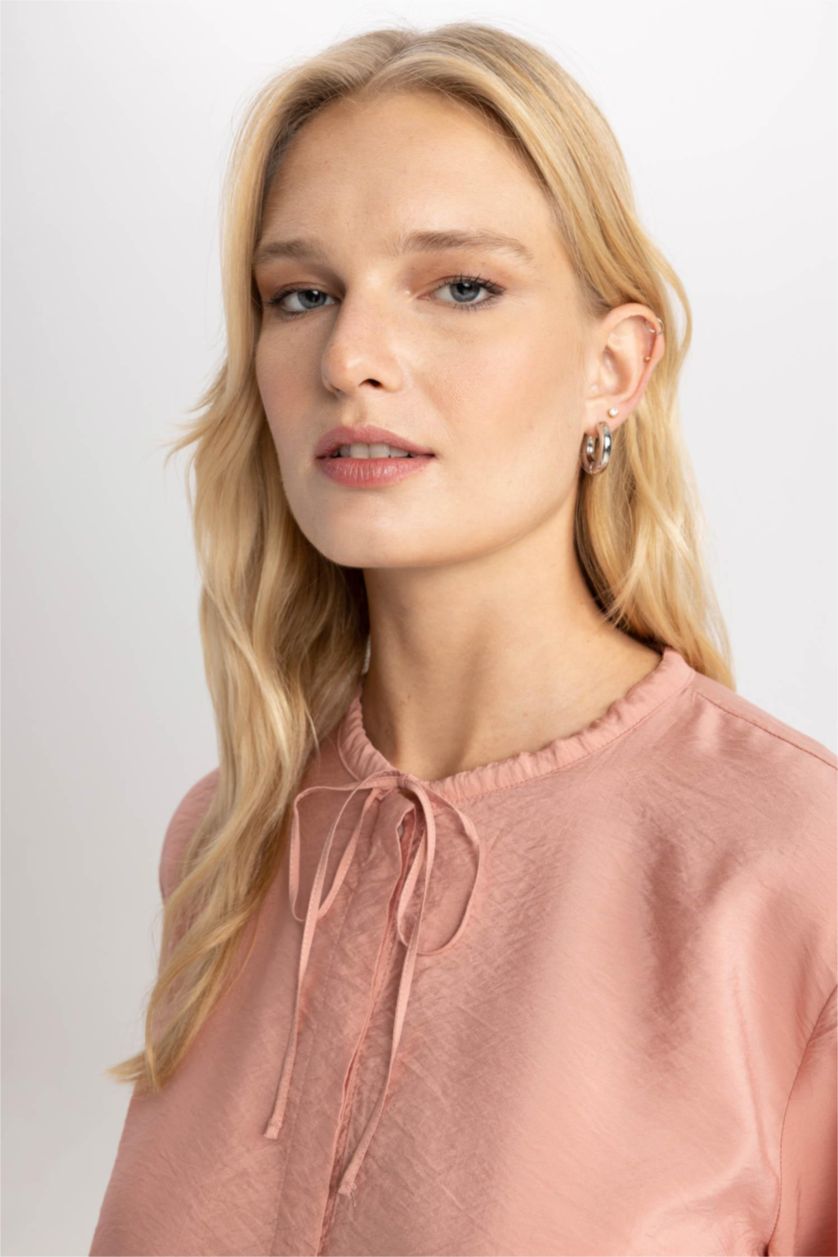 نساء وردي قميص واسع كم طويل برقبة مدورة