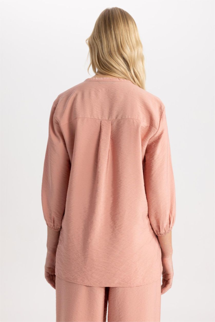 نساء وردي قميص واسع كم طويل برقبة مدورة