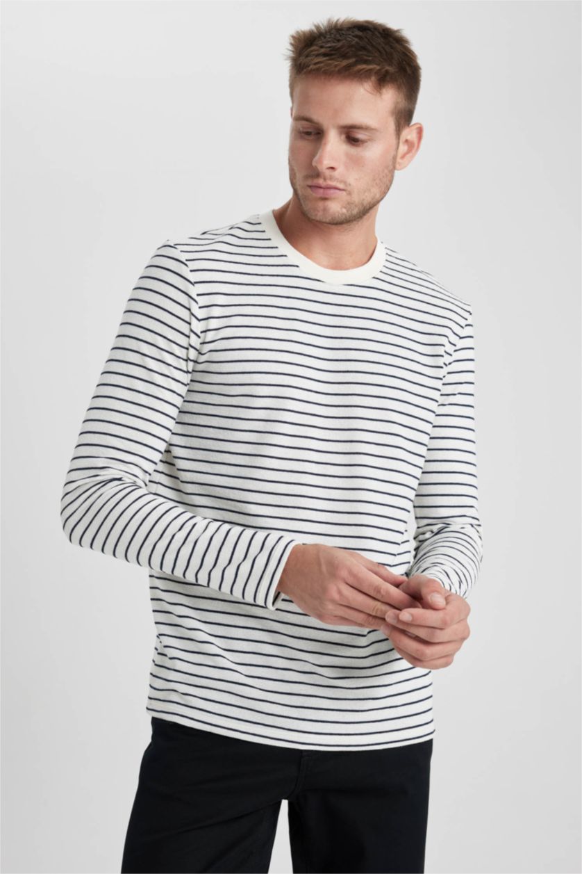 MAN White Slim Fit Crew Neck Striped Long Sleeve T-Shirt