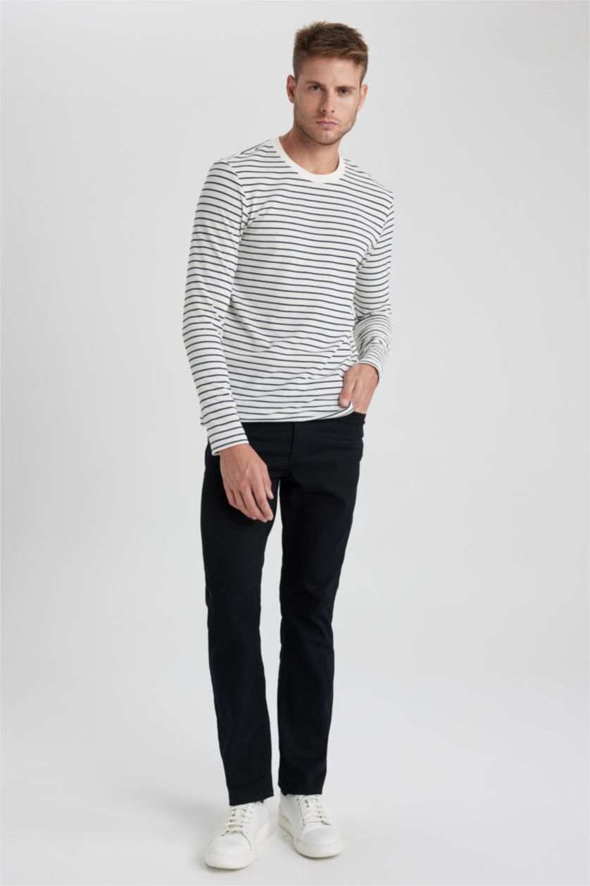 MAN White Slim Fit Crew Neck Striped Long Sleeve T-Shirt