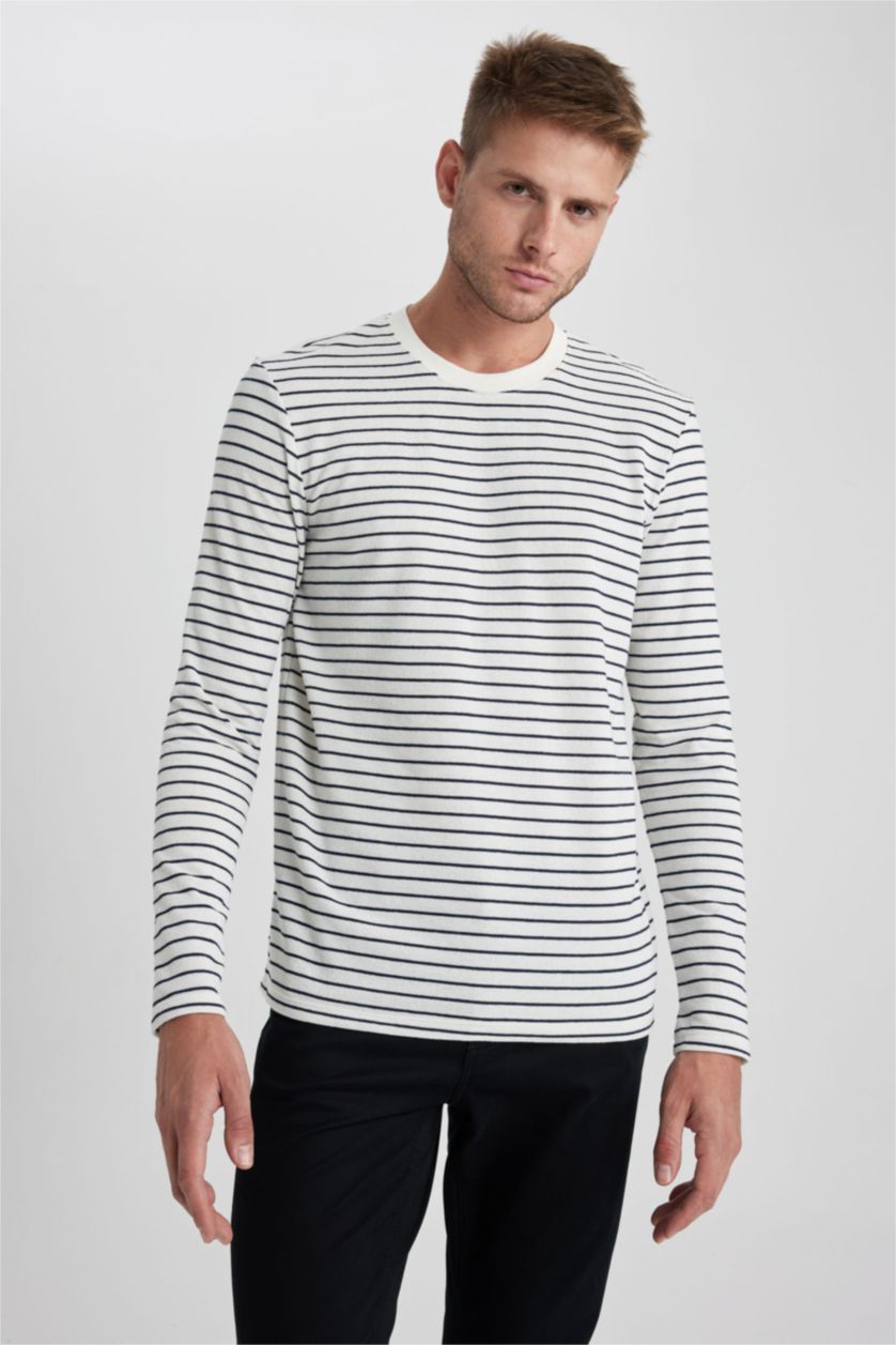 MAN White Slim Fit Crew Neck Striped Long Sleeve T-Shirt