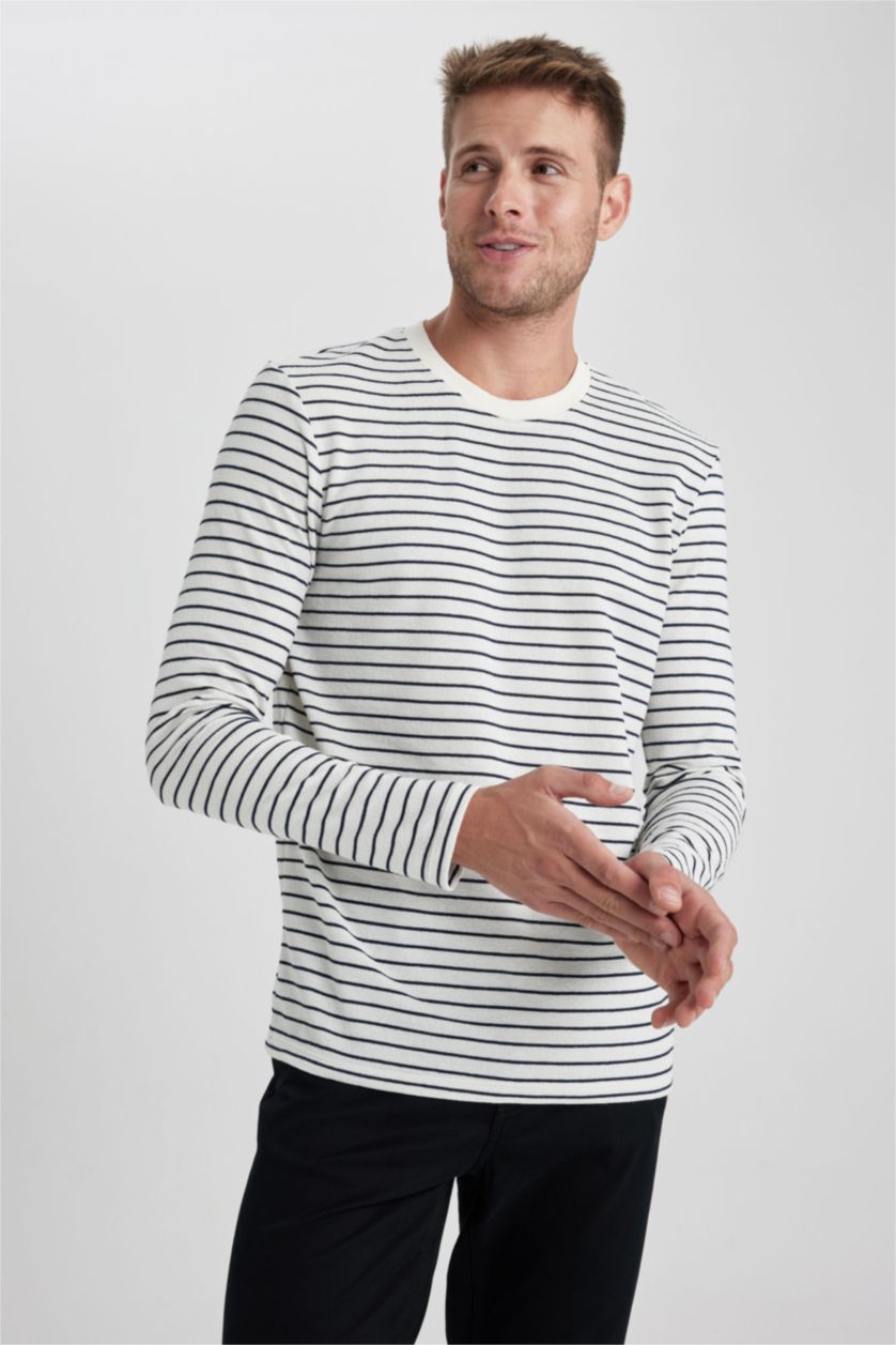 MAN White Slim Fit Crew Neck Striped Long Sleeve T-Shirt