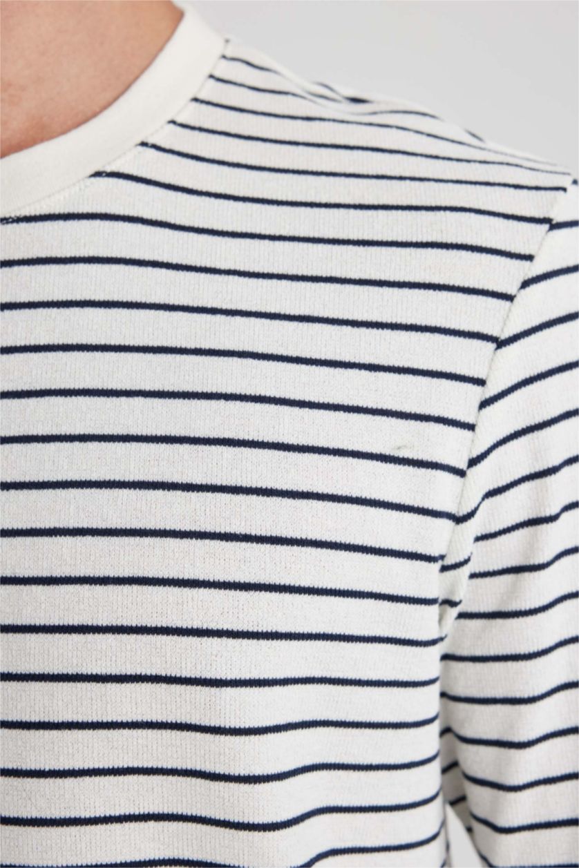 MAN White Slim Fit Crew Neck Striped Long Sleeve T-Shirt