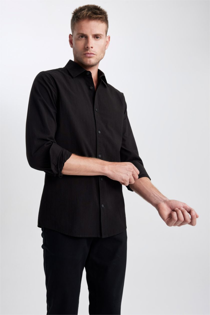 HOMME Noir Chemise Coupe Slim à Manches Longues